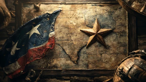 Weathered Texas map supports rustic star and worn flag