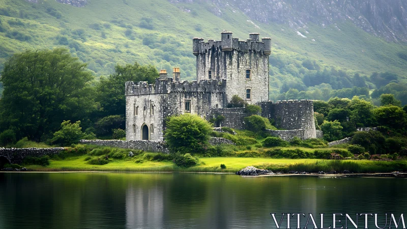 Medieval stone castle reflected in tranquil lakeside environment