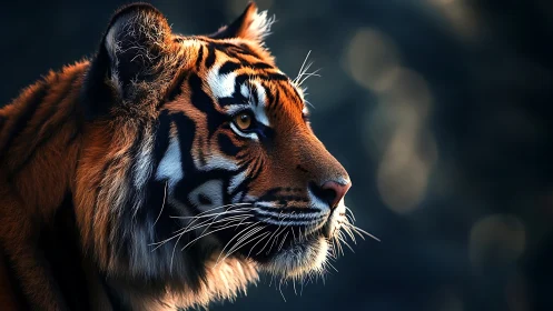Tiger profile in dramatic rim light and deep bokeh background.