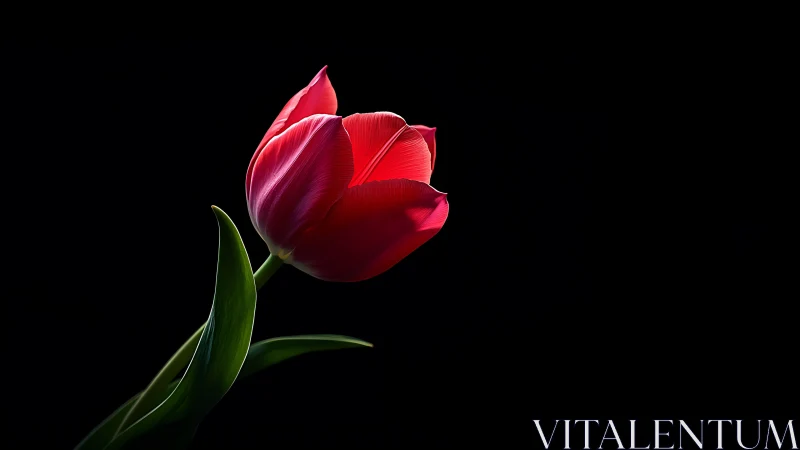 Red Tulip Against Black Background