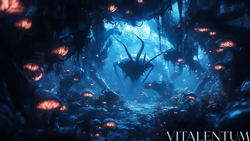 Glowing fungal forest and curious floating creature at dusk.