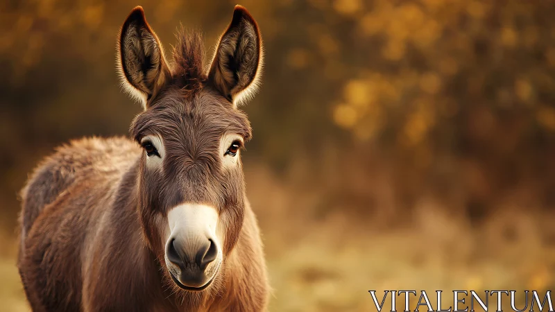 Autumn backlit donkey portrait with shallow depth of field.