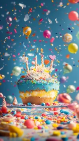 Tiered Birthday Cake with Suspended Confetti in Controlled Environment.