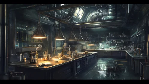 Midnight machinery hums softly through the alchemist lab