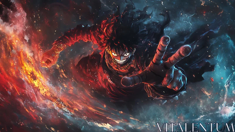 Dynamic anime hero in fiery oceanic energy burst composition.