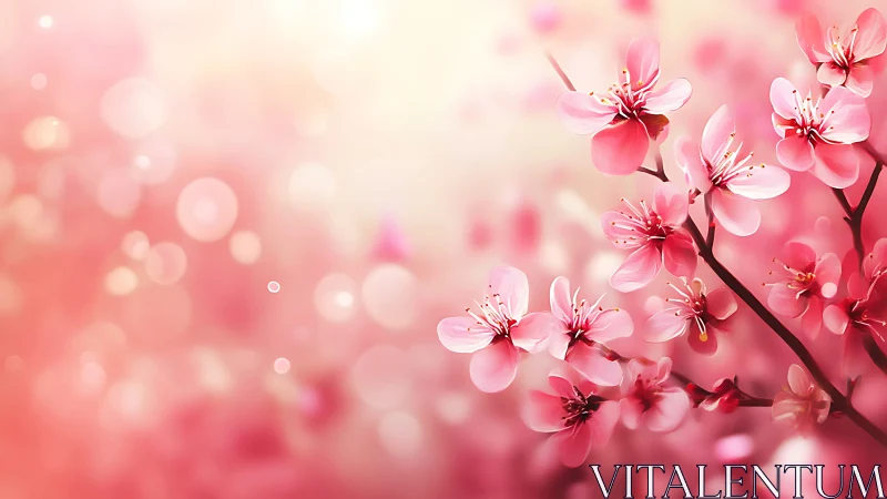 Pink cherry blossoms on soft pastel bokeh background.