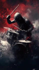 Fiery drummer silhouette lost in thunderous red rhythms.