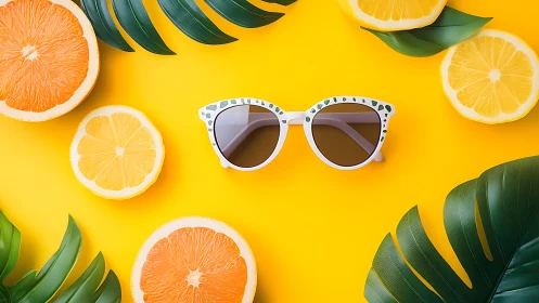 Chromatic still life of sunglasses, citrus slices, palm foliage.