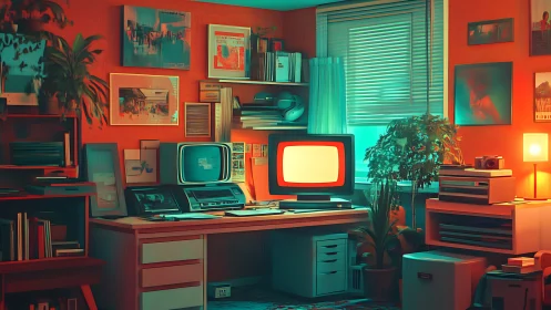 Retro computer workstation glows under teal and orange dual lighting