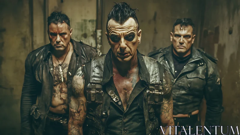 Tattooed punk trio in worn leather jackets pose grimly.