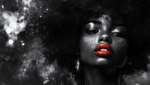 Bold red lips glow softly against a stormy monochrome night