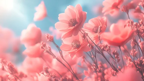 Pink Cosmos Flowers Against Azure Sky.