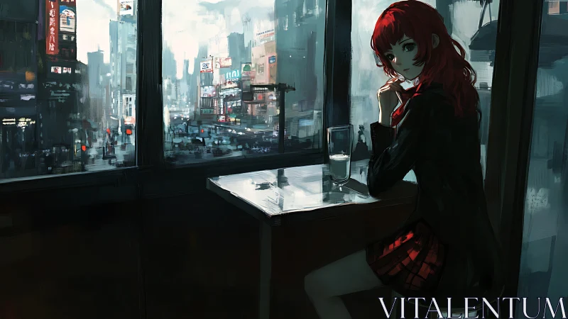 City lights surround a quiet girl lost in reflective thought