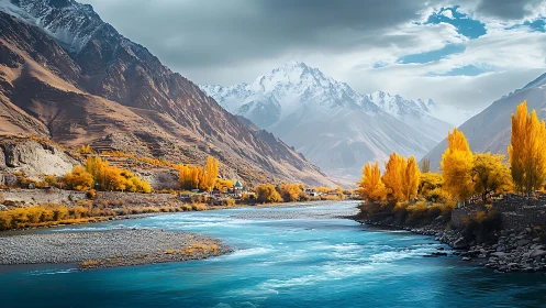 Mountain river flows through valley with autumn foliage