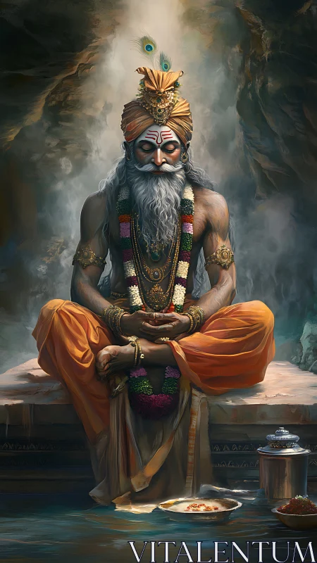 Meditating Hindu sage in cave with offerings and garlands.