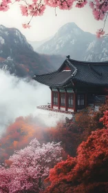 Mountain temple above mist with vivid red and pink blossoms.