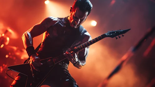 Metal guitarist performs under blazing red stage lights
