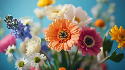 Colorful Gerbera Daisies Blooming Against Bright Blue Background