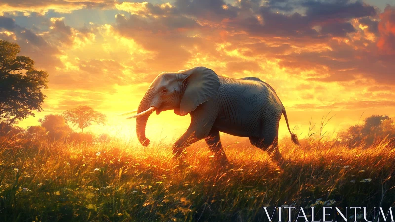 Elephant crossing golden savannah under blazing sunset sky.