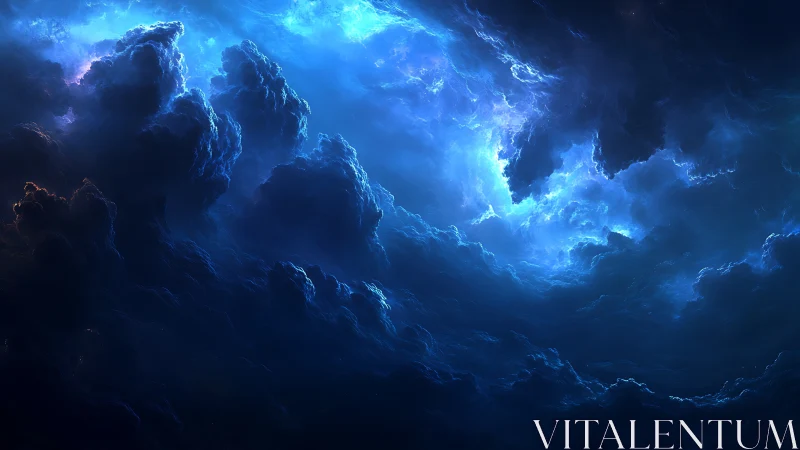 Blue illuminated storm clouds form a turbulent sky vortex