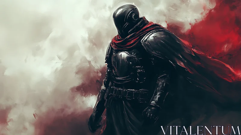 Armored warrior stands in red cloak against storm clouds