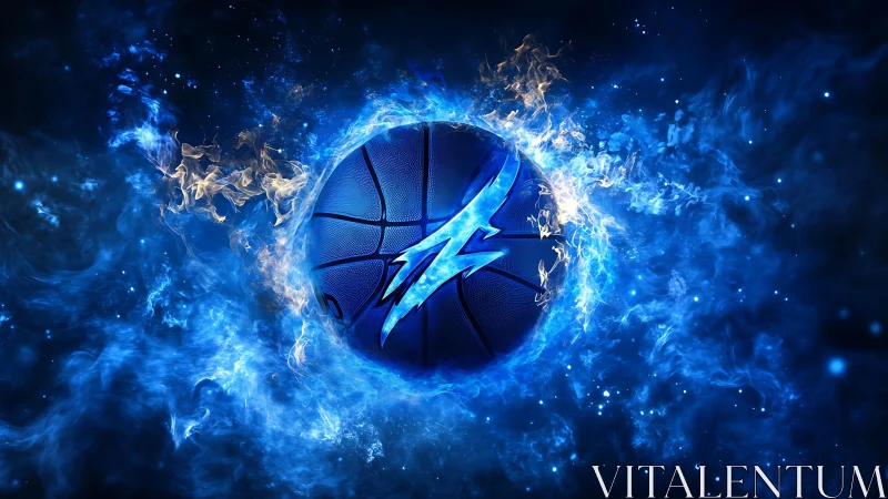 Electrified blue basketball engulfed in swirling energy flames.