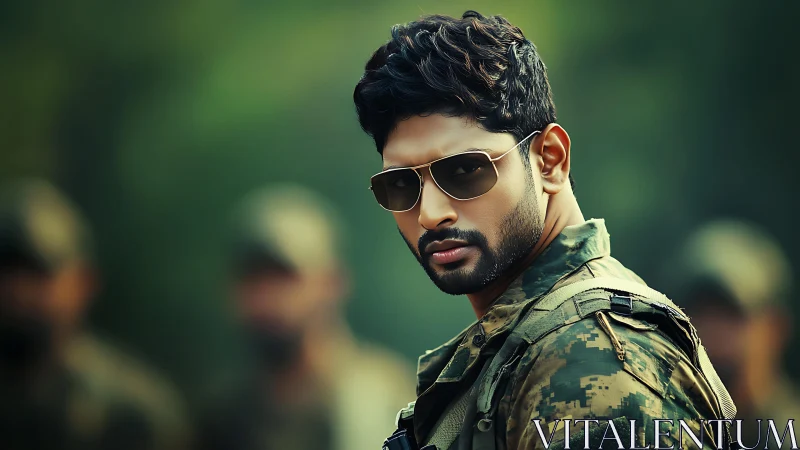 Soldier in digital camo with reflective sunglasses outdoors.