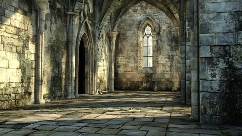 Soft sunlight drifts into a quiet, timeworn stone arcade