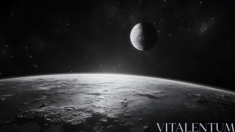 Lunar surface foreground with crescent moon and starfield view.