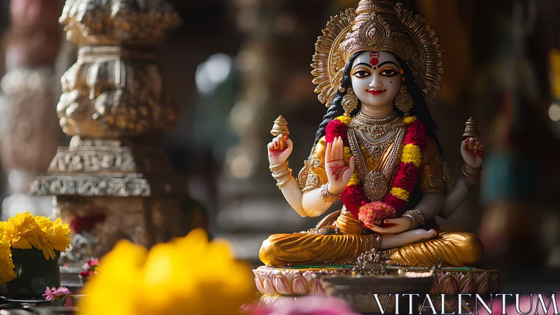 Golden goddess statue amid gentle temple blossoms.