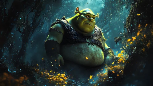Ogre character in luminous swamp glade with cinematic lighting