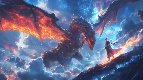 Blazing sky dragon meets lone mage on a stormlit mountain ridge
