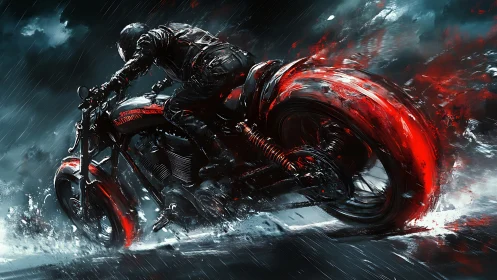 Midnight rider powers crimson-lit motorcycle through storm