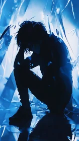 Digital painting silhouette in fractured neon blue chamber.