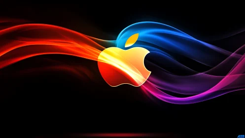 Radiant apple icon glows amid flowing neon color waves