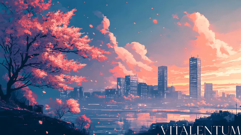 Vibrant cherry tree silhouettes futuristic city at pastel dusk