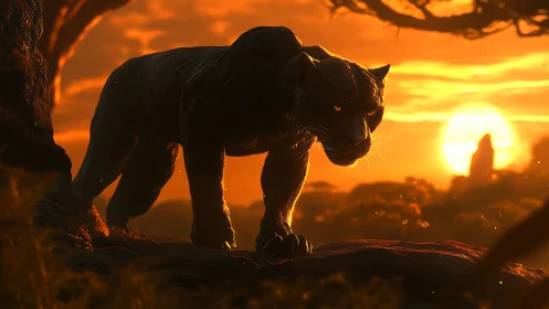 Black Leopard Stalking at Sunset.