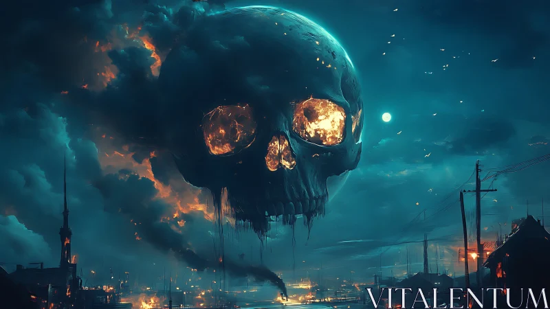 Burning storm skull over dystopian industrial cityscape.
