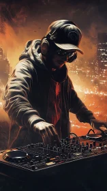 Urban DJ mixing at night above glowing city skyline.