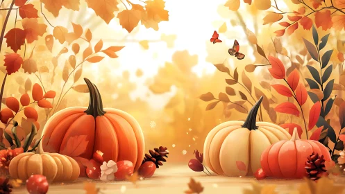 Pumpkin patch daydream under glowing autumn leaves.