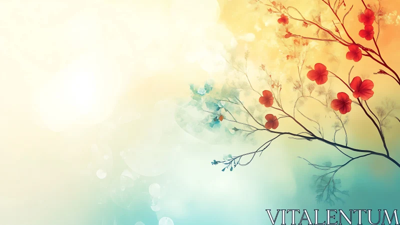 Watercolor Floral Gradient Composition with Red Blossoms and Teal Base.