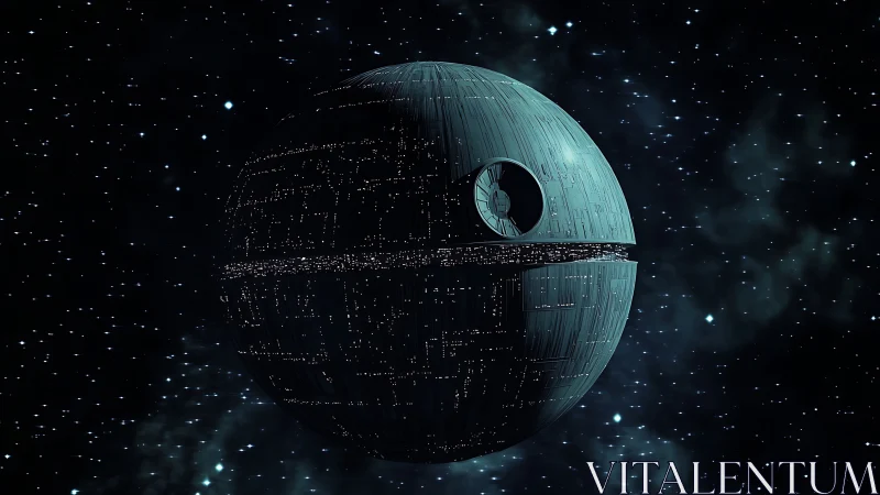 Death Star style spherical space station floats in deep space