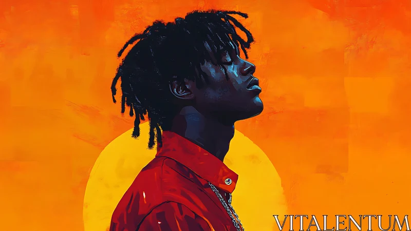 Profile portrait of young man before stylized orange sun.