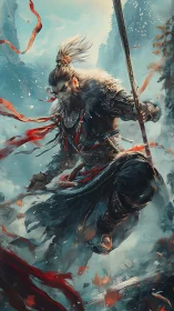 Warrior descends through frozen peaks in crimson storm