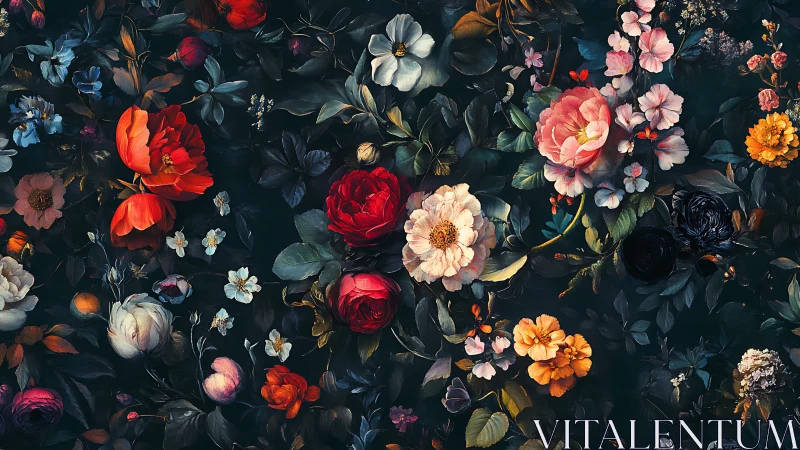Lush garden romance blooms across a moody midnight canvas