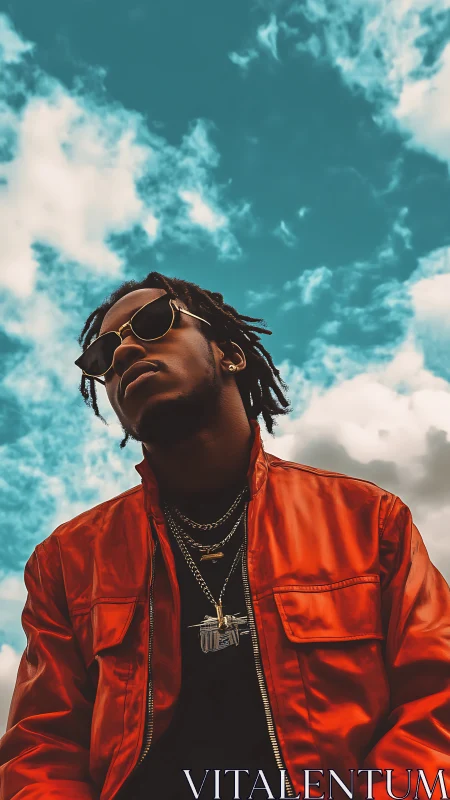 Portrait of stylish man in red jacket against sky.