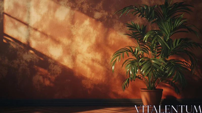 Sun-drenched potted palm basking against a burnt sienna wall.
