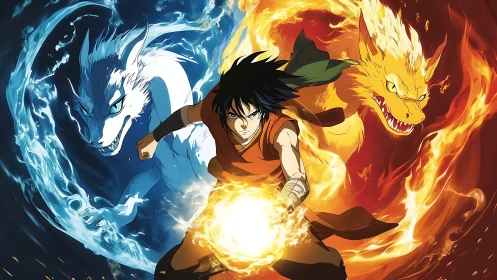 Fire and water anime warrior with twin elemental dragons.
