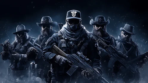 Tactical outlaw squad advances through icy digital battlefield.