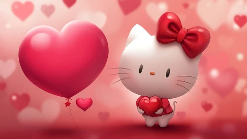 Hello Kitty Clutches Love: Adorable Cat Character Embraces Giant Heart Balloon